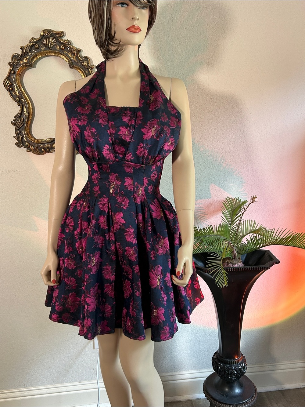 Fate Navy Halter Mini Dress with Pink Floral Print
